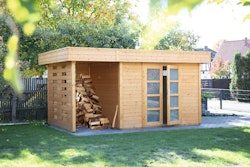 Wolff Finnhaus Gartenhaus Varianta A mit Seitendach & Kaminholzanbau-Wandset 150 cm inkl. gratis Fundamentanker/Pads