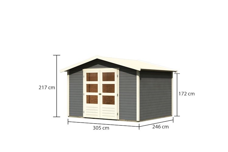 Karibu Woodfeeling Gartenhaus Amberg 2/3/4/5 terragrau - 19 mm inkl. gratis Innenraum-Pflegebox im Wert von 99€