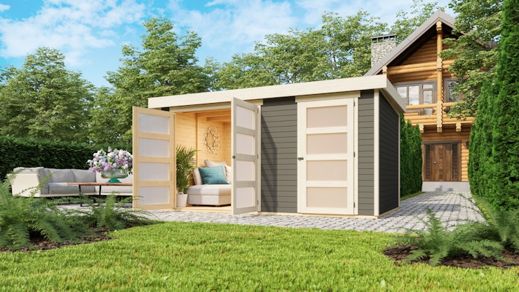 Karibu Woodfeeling Gartenhaus Mühlentrup 2 Zweiraumhaus - 19 mm inkl. gratis Innenraum-Pflegebox im Wert von 99€