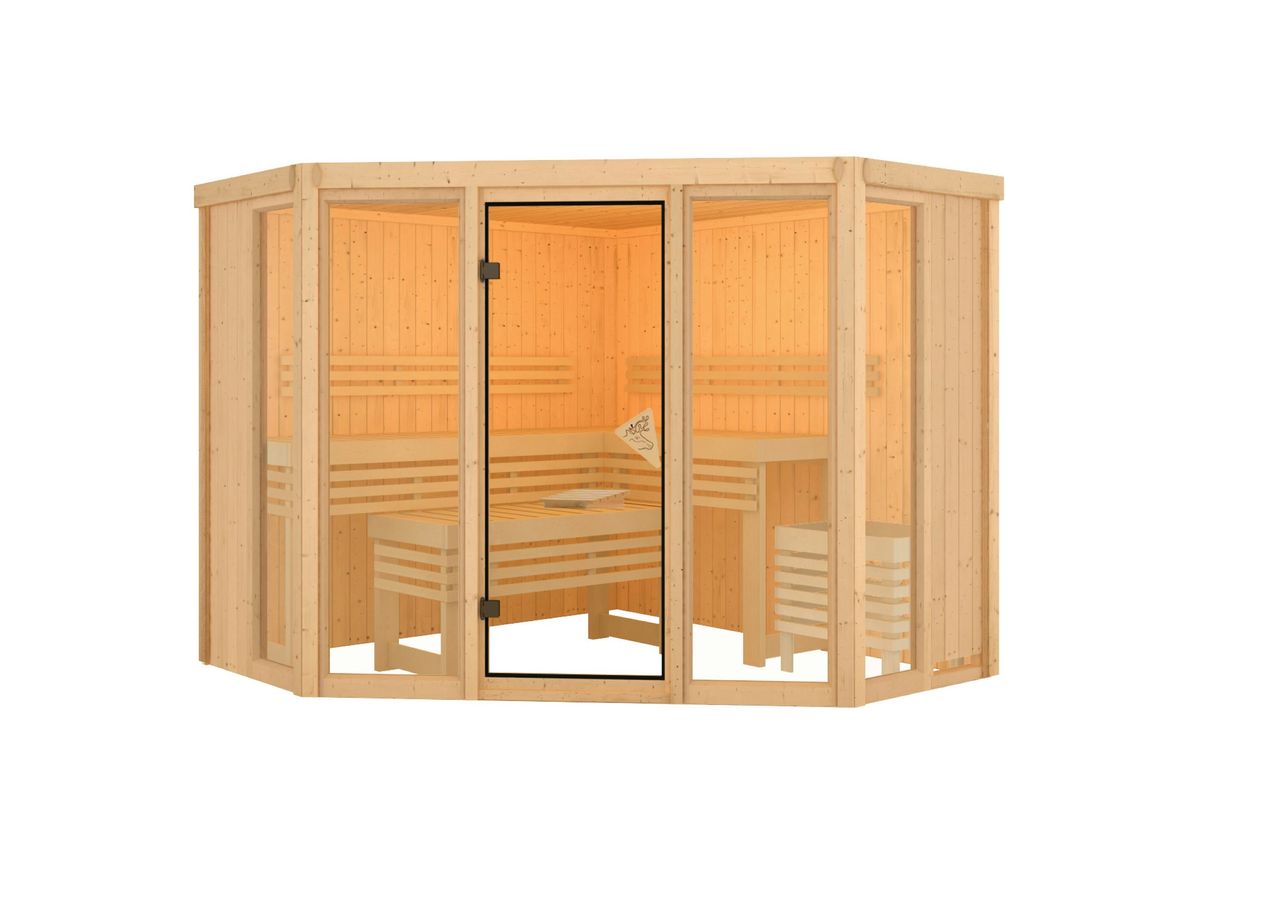 Karibu Sauna Alcinda 2 Superior mit Eckeinstieg 68 mm inkl. 9-teiligem gratis Zubehörpaket