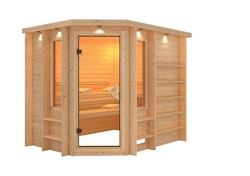 Karibu Sauna Riona - 38 mm Premiumsauna - Eckeinstieg inkl. 9-teiligem gratis Zubehörpaket