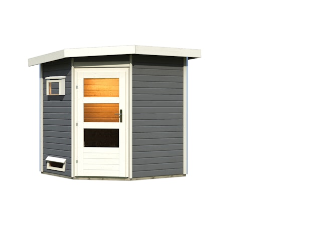 Karibu Gartensauna Pultdach Saunahaus Pekka mit Eckeinstieg terragrau inkl. 9-teiligem gratis Zubehörpaket Vorschaubild Galerie