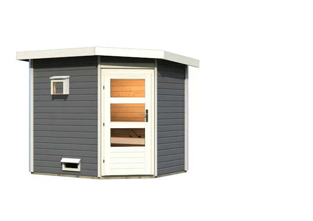 Karibu Gartensauna Pultdach Saunahaus Mikka mit Eckeinstieg terragrau inkl. 9-teiligem gratis Zubehörpaket Vorschaubild Galerie