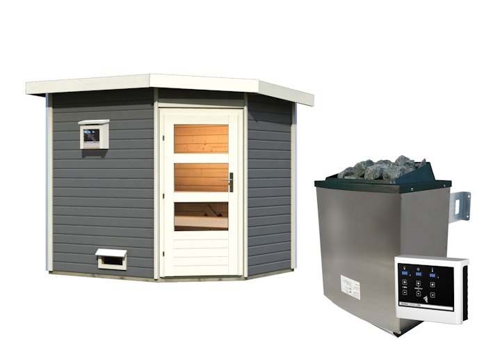 Karibu Gartensauna Pultdach Saunahaus Mikka mit Eckeinstieg terragrau