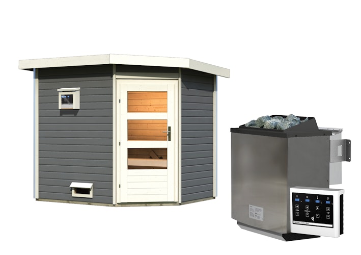 Karibu Gartensauna Pultdach Saunahaus Mikka mit Eckeinstieg terragrau