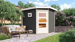 Karibu Gartensauna Pultdach Saunahaus Heikki mit Eckeinstieg terragrau inkl. 9-teiligem gratis Zubehörpaket