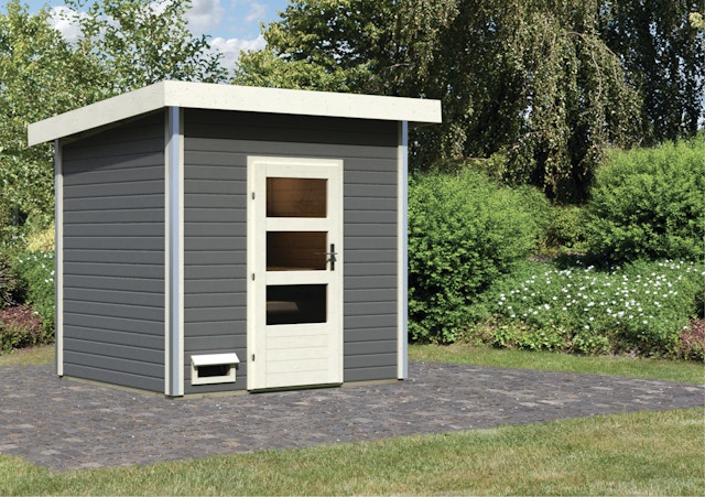 Karibu Gartensauna Pultdach Saunahaus Norge terragrau inkl. 9-teiligem gratis Zubehörpaket Vorschaubild Galerie