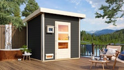 Karibu Gartensauna Pultdach Saunahaus Norge terragrau inkl. 9-teiligem gratis Zubehörpaket