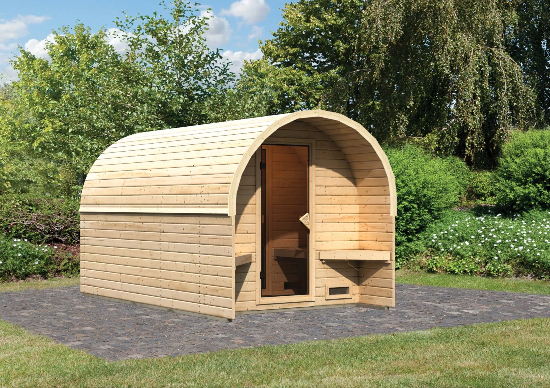Vorschaubild Galerie Karibu Gartensauna/Saunafass Fasshaus 3 inkl. 9-teiligem gratis Zubehörpaket