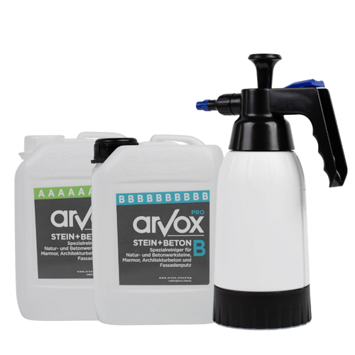 Arvox Pro Stein + Beton 2-Komponenten-Reiniger 2 x 2,5 Liter PROFISET inkl. Arvox Druckpumpzerstäuber Bild