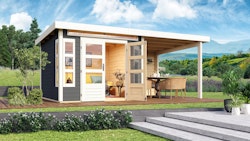 Karibu Premium Gartenhaus Kastorf 6/7 mit Fensterecke - inkl. 320 cm Anbaudach - 28 mm inkl. gratis Innenraum-Pflegebox im Wert von 99€
