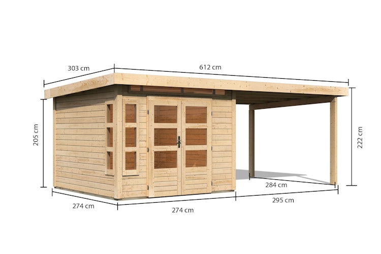 Karibu Premium Gartenhaus Kastorf 6/7 mit Fensterecke - inkl. 320 cm Anbaudach - 28 mm inkl. gratis Innenraum-Pflegebox im Wert von 99€ Bild