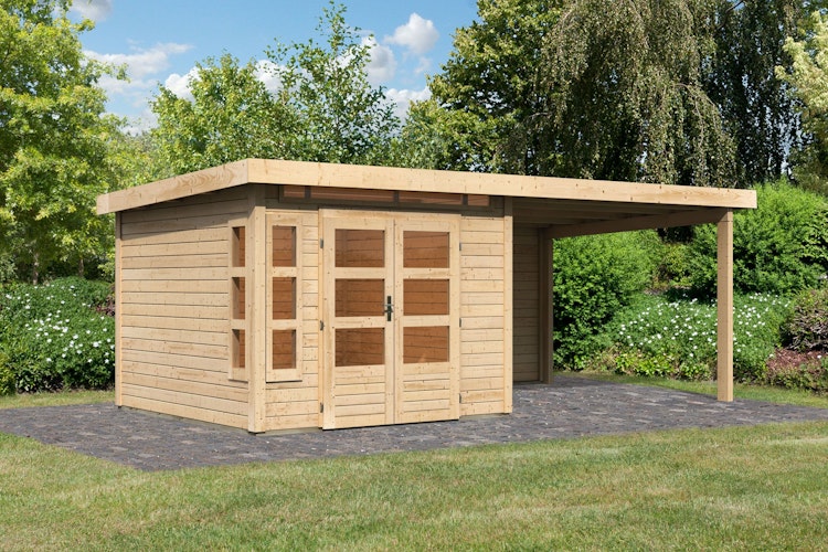 Karibu Premium Gartenhaus Kastorf 6/7 mit Fensterecke - inkl. 320 cm Anbaudach - 28 mm