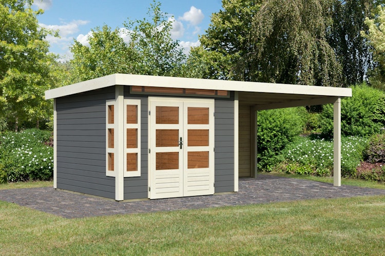 Karibu Premium Gartenhaus Kastorf 6/7 mit Fensterecke - inkl. 320 cm Anbaudach - 28 mm