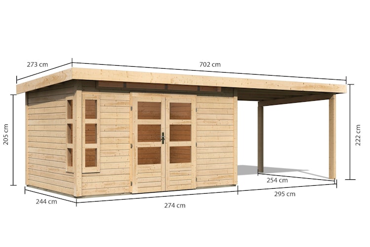 Karibu Premium Gartenhaus Kastorf 6/7 mit Fensterecke - inkl. 320 cm Anbaudach - 28 mm inkl. gratis Innenraum-Pflegebox im Wert von 99€ Bild