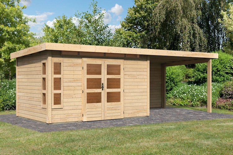Karibu Premium Gartenhaus Kastorf 6/7 mit Fensterecke - inkl. 320 cm Anbaudach - 28 mm