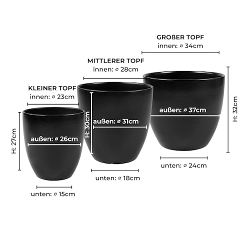 Wikholm form Design Pflanzgefäß / Blumentopf 3er Set schwarz ⌀ 26 x H 27 cm; 31 x H 30 cm; 37 x H 32 cm