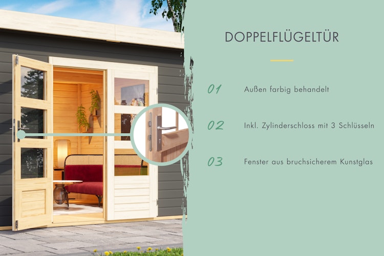 Karibu Woodfeeling Gartenhaus Bastrup 2 anthrazit - 28 mm inkl. gratis Innenraum-Pflegebox im Wert von 99€ Bild