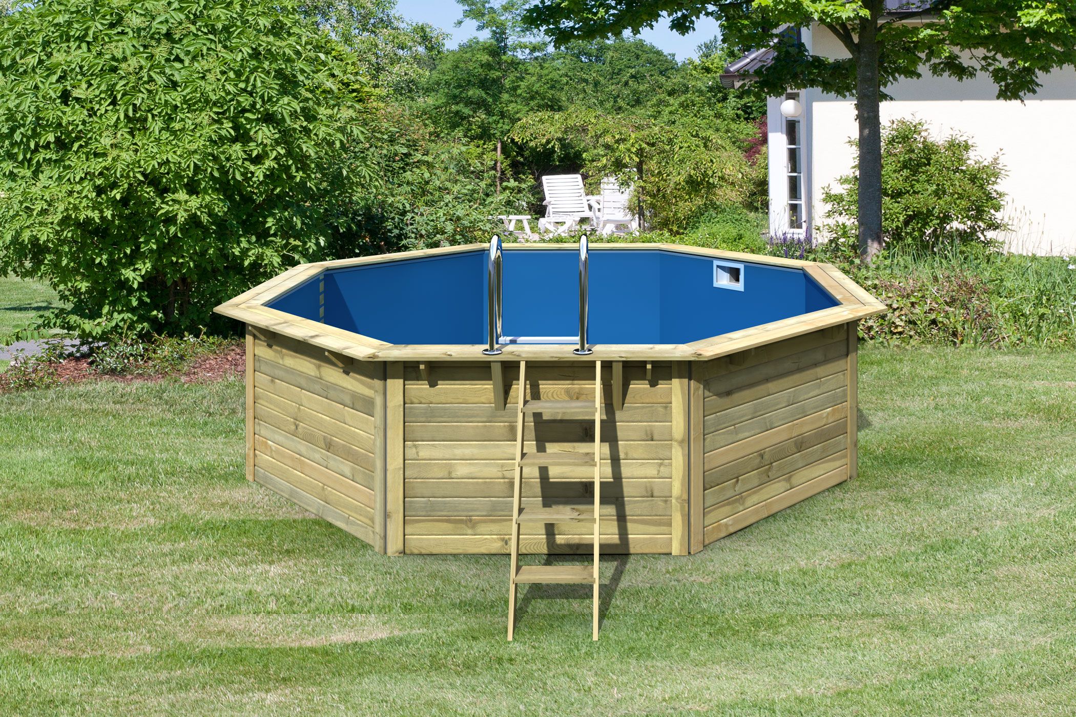 Vorschaubild Galerie Karibu Pool Modell X2 470 x 470 cm - kesseldruckimprägniert/wassergrau mit Metallecken inkl. gratis Sandfilteranlage & Pool-Pflegeset