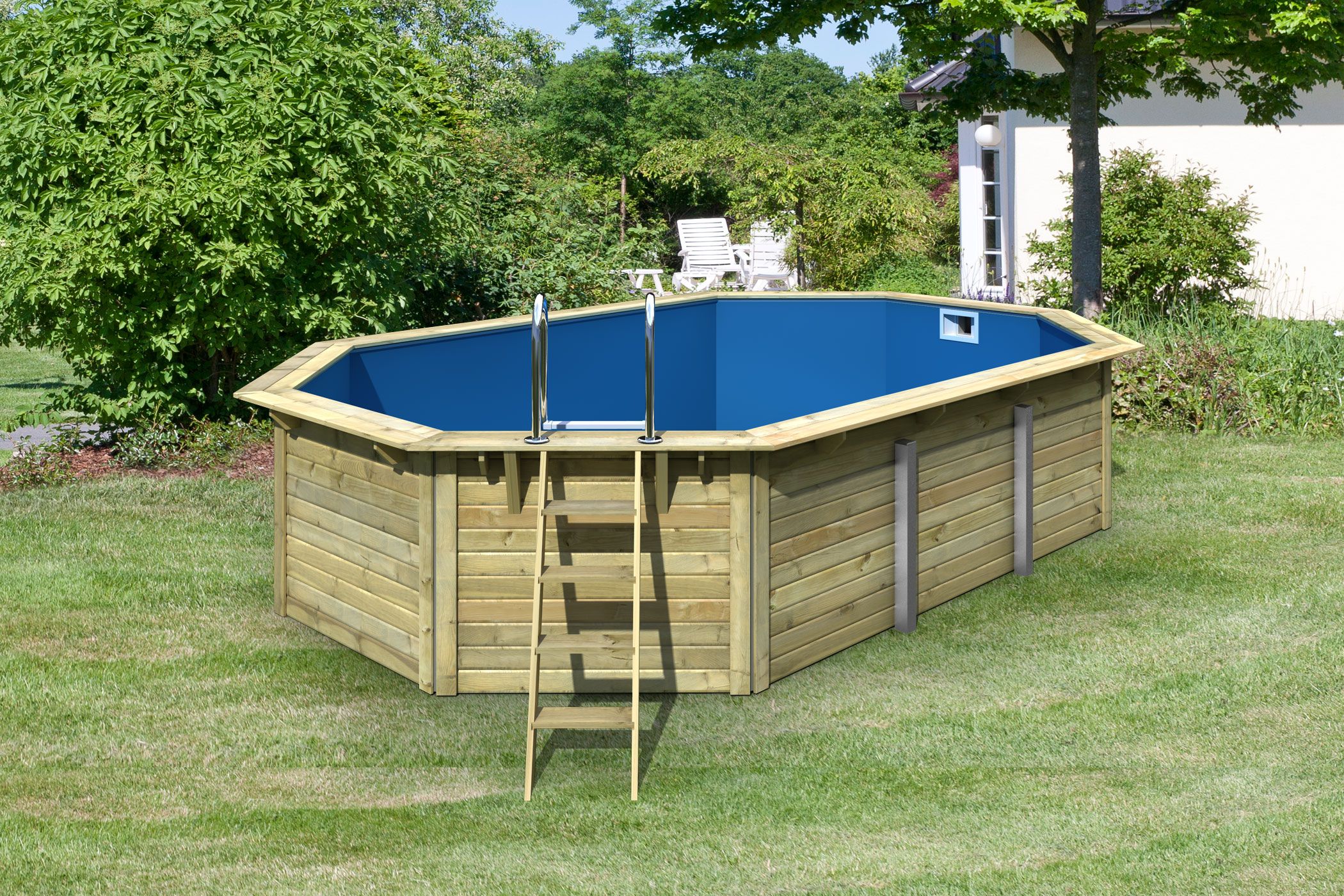 Vorschaubild Galerie Karibu Pool Modell X4 610 x 400 cm - kesseldruckimprägniert/wassergrau mit Metallecken inkl. gratis Sandfilteranlage & Pool-Pflegeset