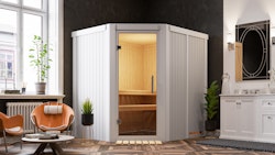 Karibu Sauna Siirin mit Eckeinstieg 68 mm - lichtgrau inkl. 9-teiligem gratis Zubehörpaket