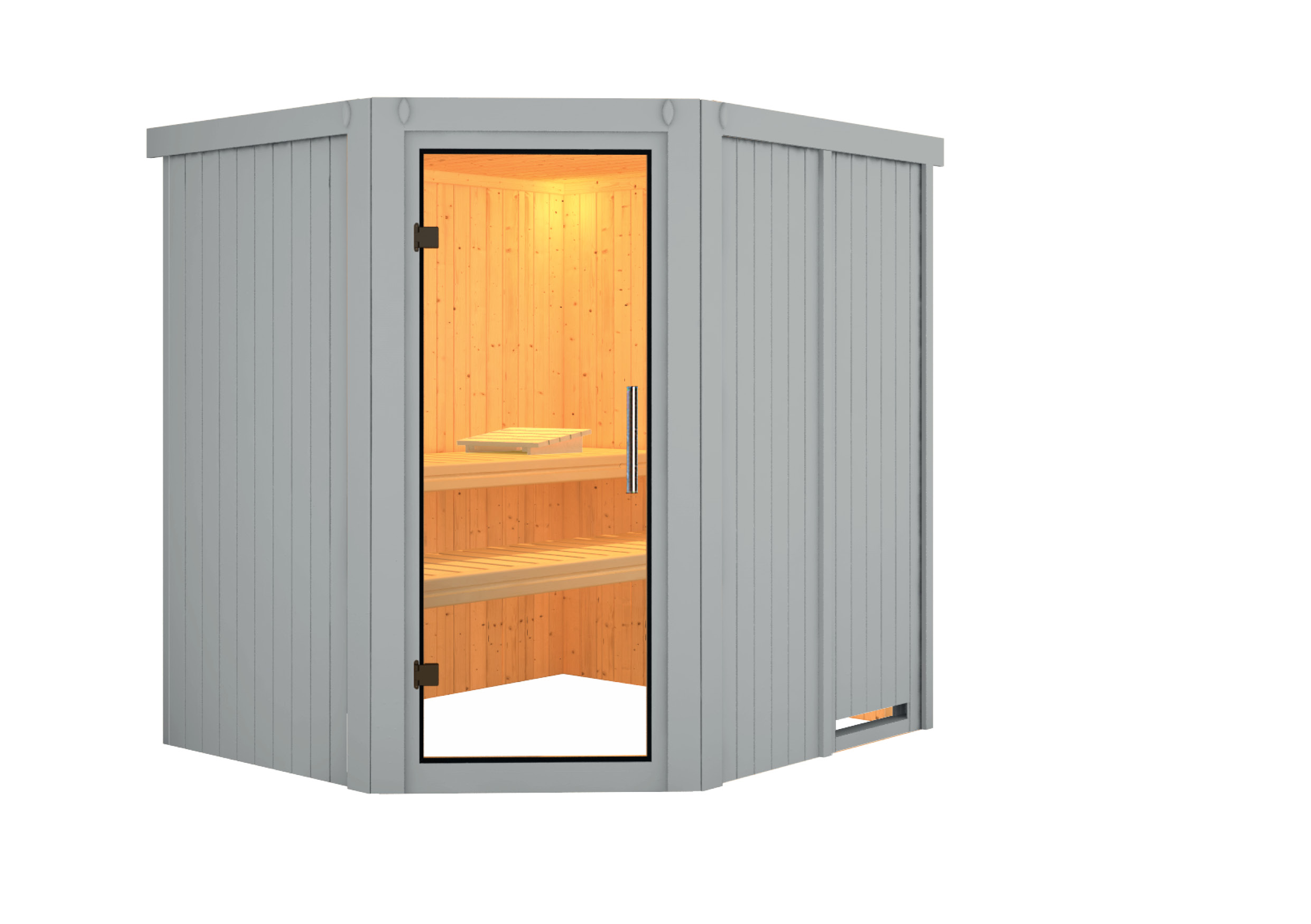 Vorschaubild Galerie Karibu Sauna Siirin mit Eckeinstieg 68 mm - lichtgrau inkl. 9-teiligem gratis Zubehörpaket