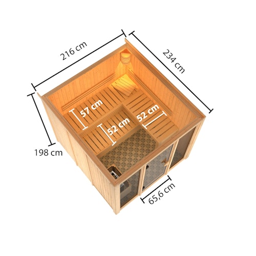 Karibu Sauna Askja Superior mit Fronteinstieg 68 mm inkl. gratis Saunaofen & 8-teiligem Zubehörpaket (Gesamtwert 1071,91€) Bild