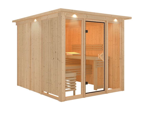 Karibu Sauna Askja Superior mit Fronteinstieg 68 mm inkl. gratis Saunaofen & 8-teiligem Zubehörpaket (Gesamtwert 1071,91€) Bild