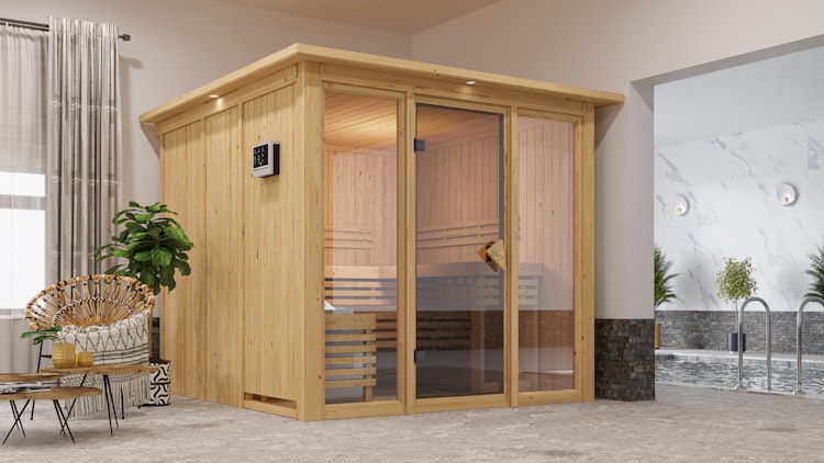 Karibu Sauna Askja Superior mit Fronteinstieg 68 mm inkl. gratis Saunaofen & 8-teiligem Zubehörpaket (Gesamtwert 1071,91€) Bild