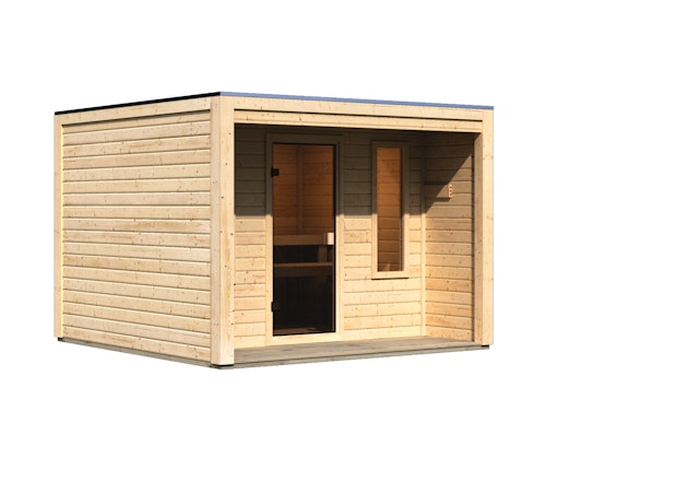 Karibu Gartensauna Saunahaus Eldor inkl. Vorraum, naturbelassen inkl. 9-teiligem gratis Zubehörpaket Vorschaubild Galerie