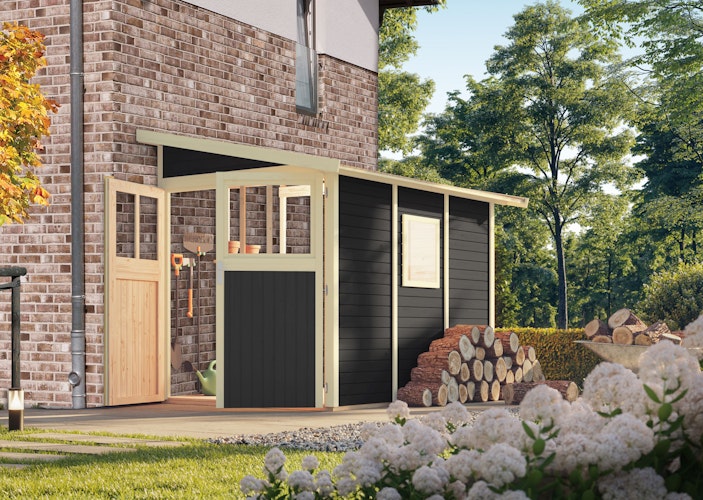 Karibu Premium Anlehn-Gartenhaus Gerätehaus Juist/Wandlitz 2/3/4/5 - 19 mm inkl. gratis Innenraum-Pflegebox im Wert von 99€