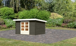 Karibu Woodfeeling Gartenhaus Bastrup 7 terragrau - 28 mm inkl. gratis Innenraum-Pflegebox im Wert von 99€