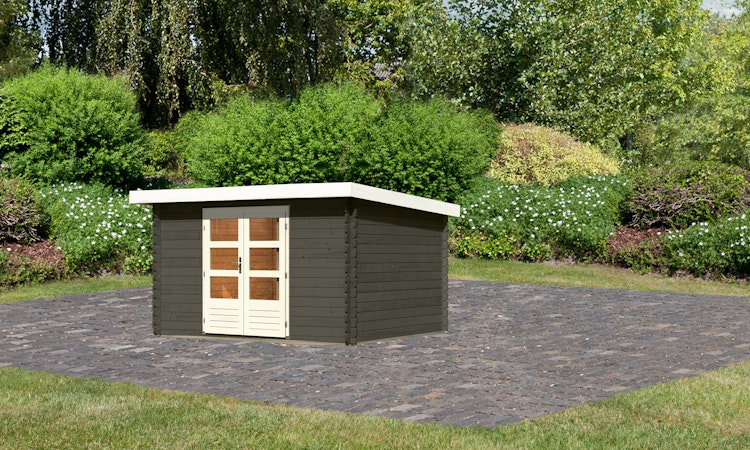 Karibu Woodfeeling Gartenhaus Bastrup 7 terragrau - 28 mm inkl. gratis Innenraum-Pflegebox im Wert von 99€