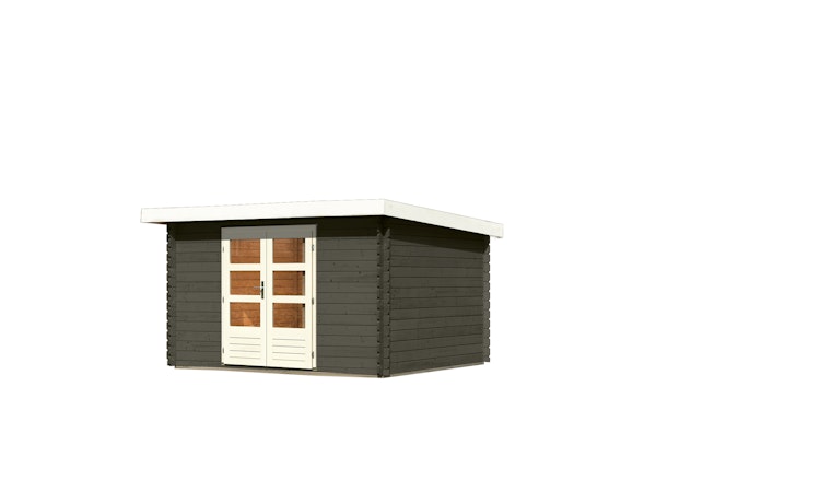 Karibu Woodfeeling Gartenhaus Bastrup 7 terragrau - 28 mm inkl. gratis Innenraum-Pflegebox im Wert von 99€