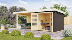 Karibu Woodfeeling Gartenhaus Bastrup 2 terragrau - 28 mm inkl. gratis Innenraum-Pflegebox im Wert von 99€
