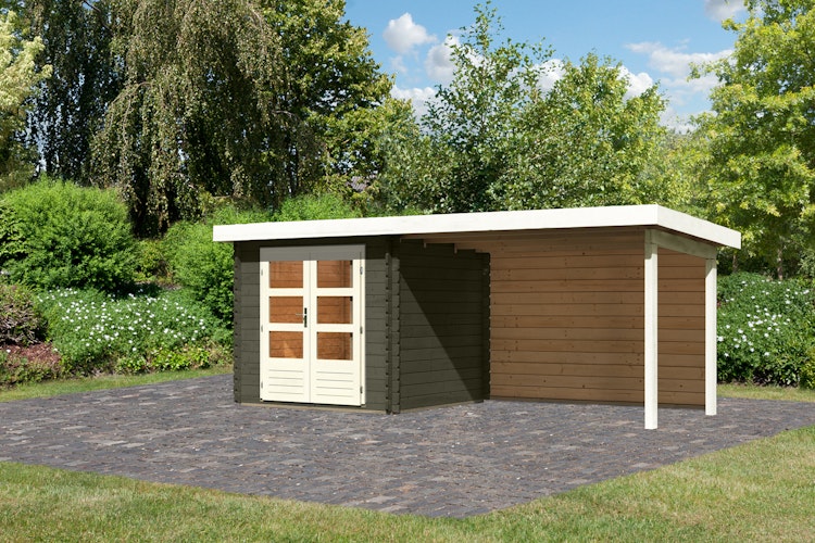 Karibu Woodfeeling Gartenhaus Bastrup 2 terragrau - 28 mm inkl. gratis Innenraum-Pflegebox im Wert von 99€ Bild