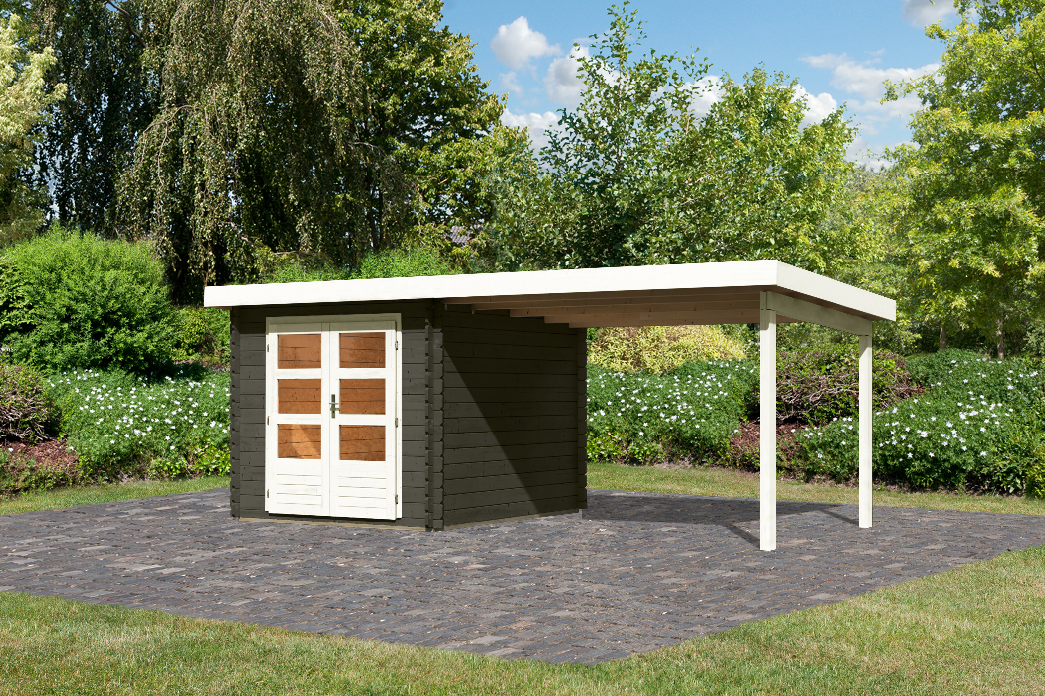 Vorschaubild Galerie Karibu Woodfeeling Gartenhaus Bastrup 4 terragrau - 28 mm