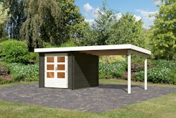 Karibu Woodfeeling Gartenhaus Bastrup 4 terragrau - 28 mm inkl. gratis Innenraum-Pflegebox im Wert von 99€