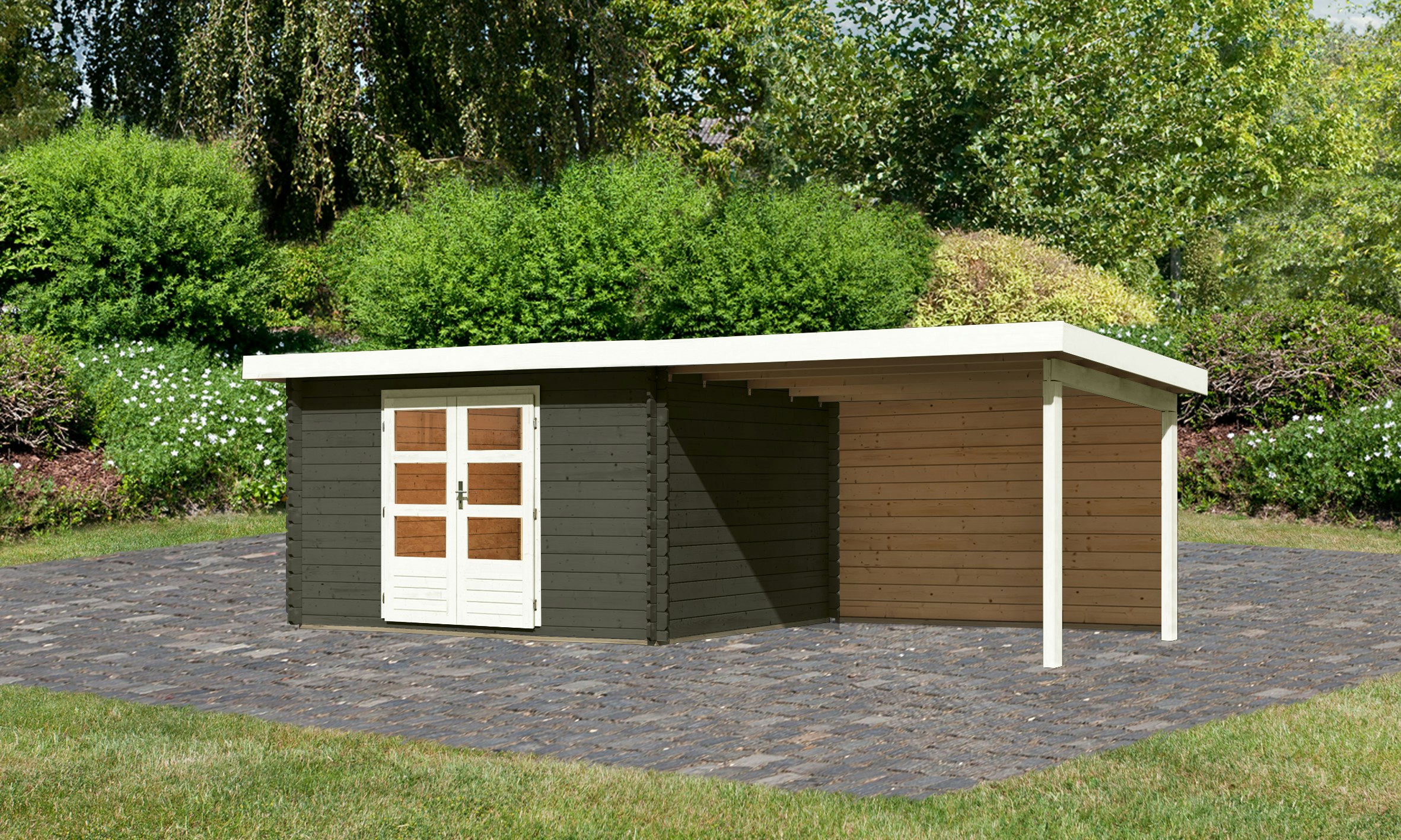 Karibu Woodfeeling Gartenhaus Bastrup 7 terragrau - 28 mm