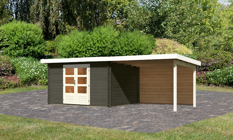 Karibu Woodfeeling Gartenhaus Bastrup 7 terragrau - 28 mm inkl. gratis Innenraum-Pflegebox im Wert von 99€