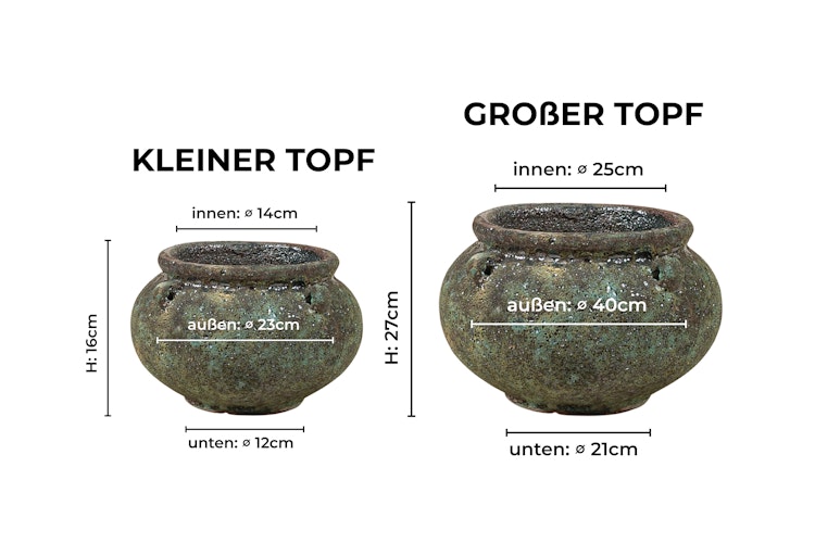 Vosteen Design Blumentopf / Pflanzgefäß Terrakotta grün 2er Set ø 23 cm x H 16 cm, 40 cm x H 27 cm