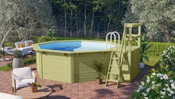 Karibu Pool Modell X1 400 x 400 cm mit Terrasse - kesseldruckimprägniert mit Metallecken inkl. gratis Pool-Pflegeset (Gesamtwert 69 €)