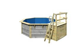 Karibu Pool Modell X1 400 x 400 cm mit Terrasse - kesseldruckimprägniert/wassergrau mit Metallecken inkl. gratis Sandfilteranlage & Pool-Pflegeset