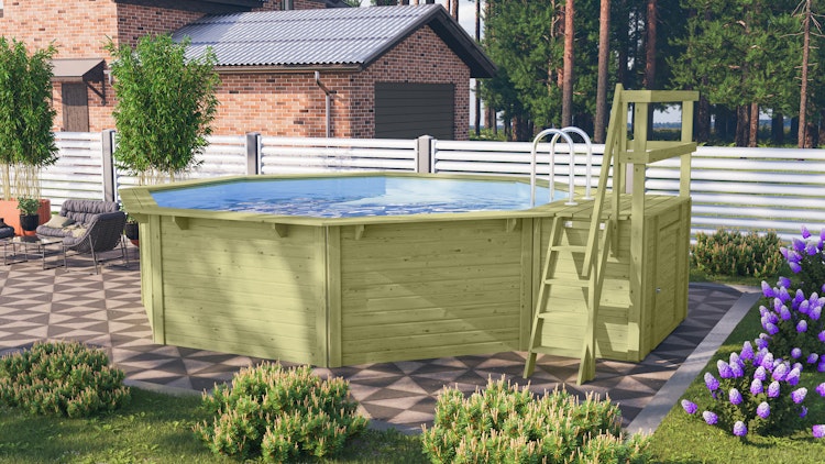 Karibu Pool Modell X2 470 x 470 cm mit Terrasse - kesseldruckimprägniert/wassergrau mit Metallecken inkl. gratis Pool-Pflegeset (Gesamtwert 69 €)