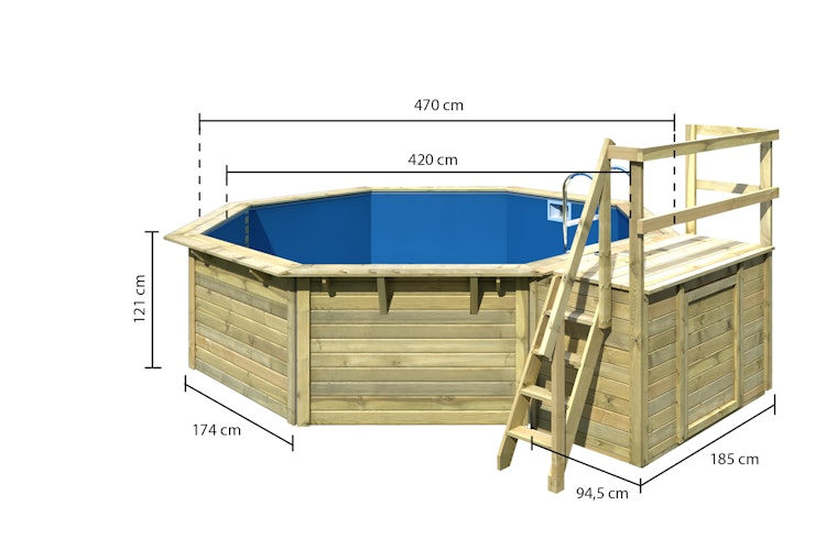 Karibu Pool Modell X2 470 x 470 cm mit Terrasse - kesseldruckimprägniert/wassergrau mit Metallecken inkl. gratis Pool-Pflegeset (Gesamtwert 69 €)