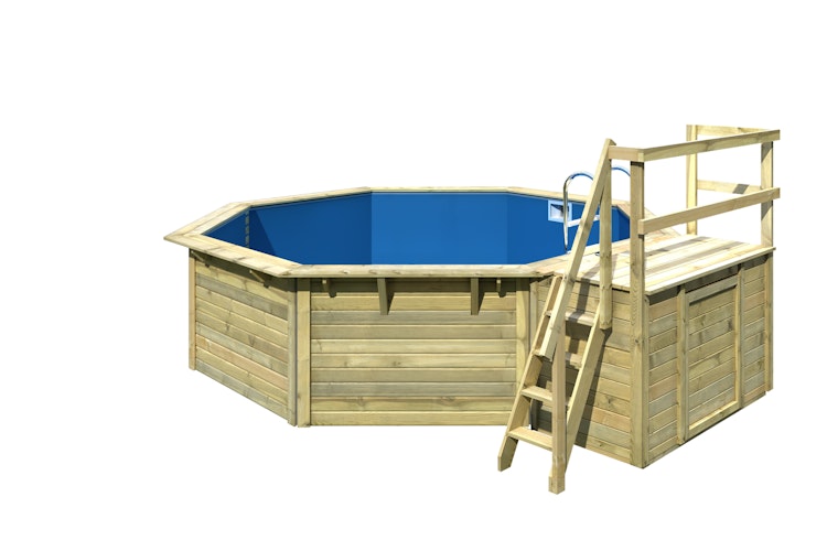 Karibu Pool Modell X2 470 x 470 cm mit Terrasse - kesseldruckimprägniert/wassergrau mit Metallecken inkl. gratis Pool-Pflegeset (Gesamtwert 69 €)