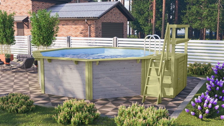 Karibu Pool Modell X2 470 x 470 cm mit Terrasse - kesseldruckimprägniert/wassergrau mit Metallecken inkl. gratis Pool-Pflegeset (Gesamtwert 69 €)