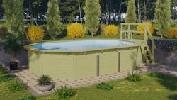 Karibu Pool Modell X4 610 x 400 cm mit Terrasse - kesseldruckimprägniert/wassergrau mit Metallecken inkl. gratis Pool-Pflegeset