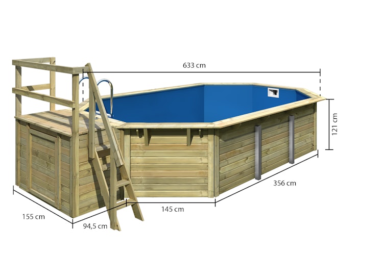 Karibu Pool Modell X4 610 x 400 cm mit Terrasse - kesseldruckimprägniert mit Metallecken inkl. gratis Pool-Pflegeset (Gesamtwert 69 €)