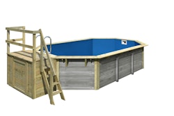 Karibu Pool Modell X4 610 x 400 cm mit Terrasse - kesseldruckimprägniert/wassergrau mit Metallecken inkl. gratis Sandfilteranlage & Pool-Pflegeset